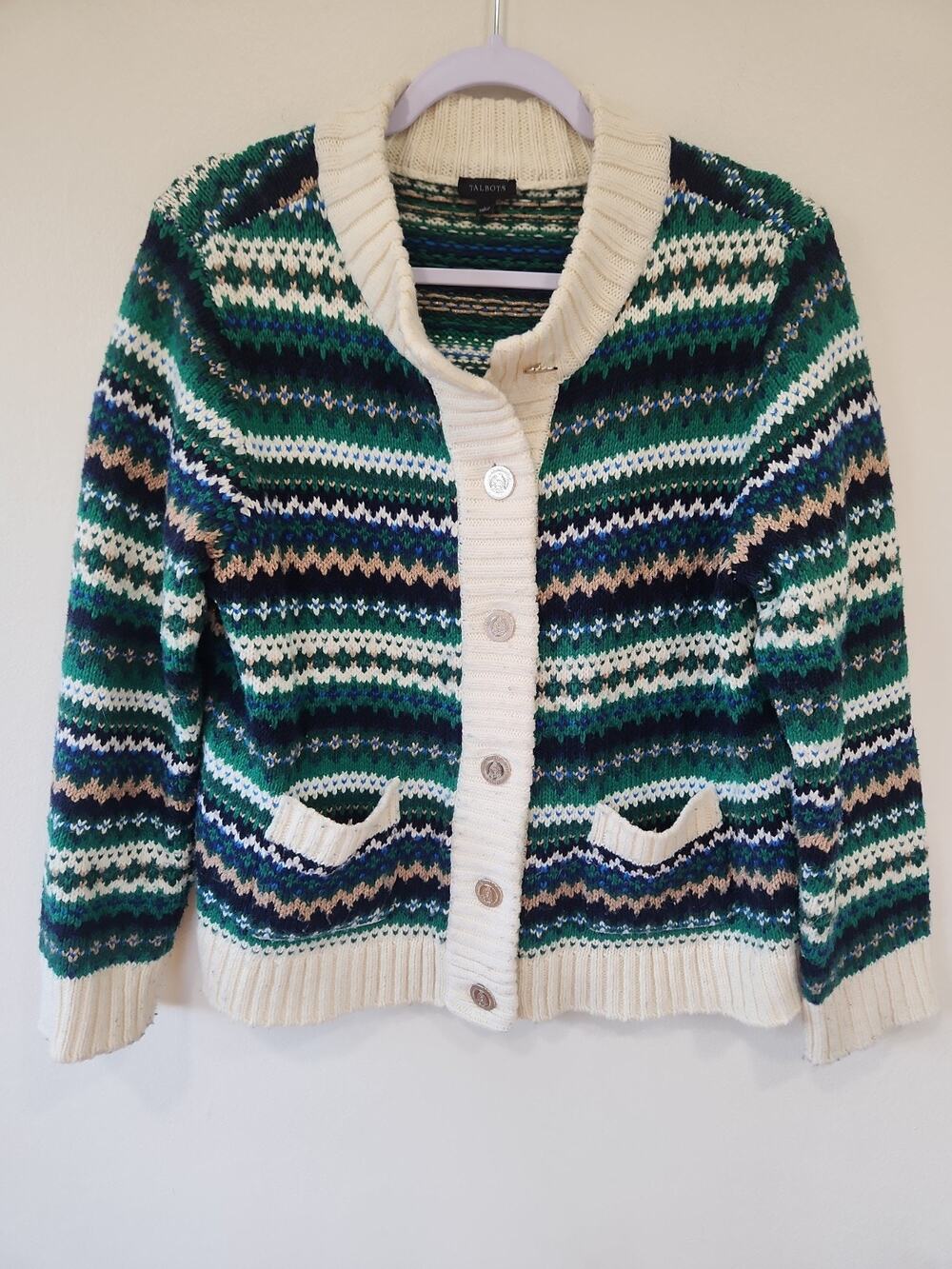 Talbots Women's Cardigan Size L Green Fair Isle Knit Button Front Casual Travel